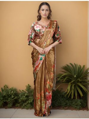 Golden Brown Silk Crepe Ready To Wear Saree