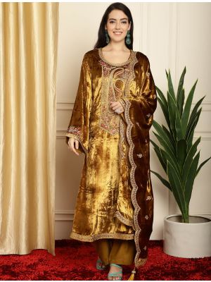 Golden Rich Velvet Salwar Kameez With Contrast Thread Work small FABSL21631