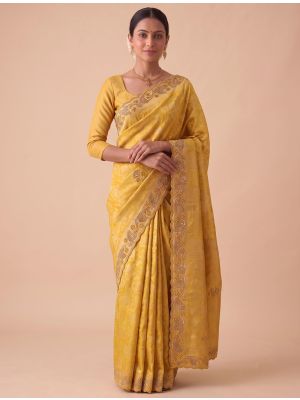 Golden Yellow Banarasi Silk Embroidered Saree