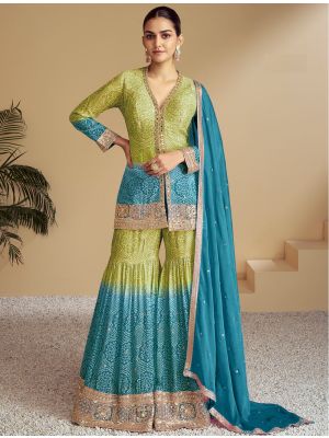Green Chinon Semi Stitched Sharara Suit small FABSL22040