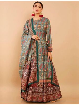 Green Dola Silk Digital Printed Readymade Anarkali Suit FABSL21618
