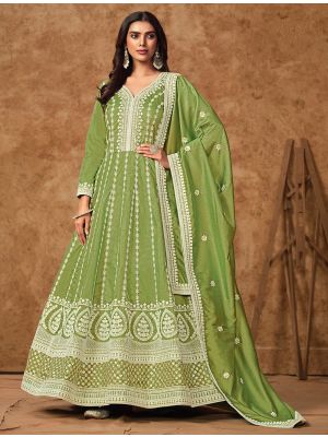 Green Dola Silk Semi Stitched Elegant Anarkali Suit small FABSL22111