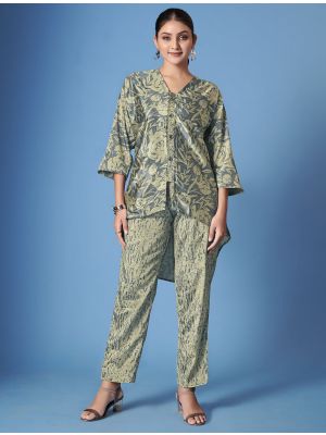 greenish beige crepe silk stylish co ord with scarf fabku21086