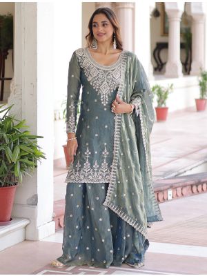 Greenish Grey Fendi Silk Embroidered Ready To Wear Palazzo Suit swatch FABSL22339