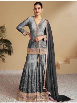 Grey Chinon Semi Stitched Sharara Suit small FABSL22039