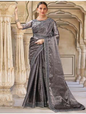 Grey Fancy Embroidered Saree With Moti Work