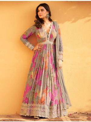 Greyish Beige Chinon Ready To Wear Anarkali Suit In XL small FABSL22192