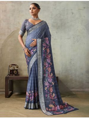 Greyish Blue Crepe Viscose Digital Printed Saree