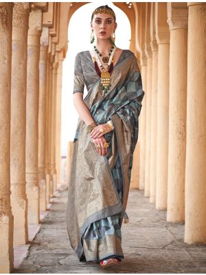 Greyish Green Viscose Silk Saree With Weaving And Foil Print