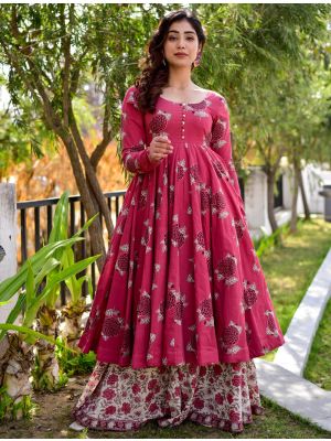 hot pink cotton silk digital printed kurta palazzo set fabku21039