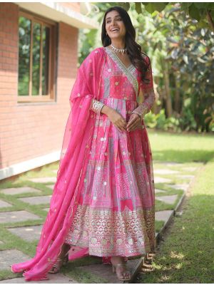 hot pink russian silk flared anarkali gown with dupatta fabgo20273