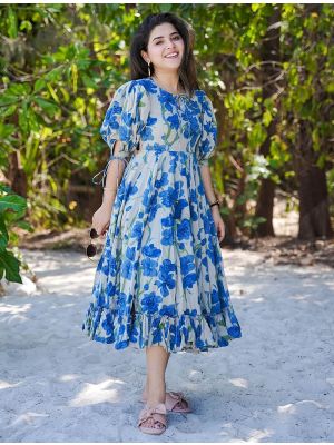 ice blue rayon printed flared dress fabku20967