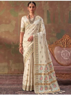Ivory Cream Banarasi Soft Art Silk Saree With Jacquard Weaving