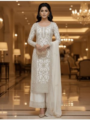Ivory White Butterfly Net Semi Stitched Salwar Kameez small FABSL22511