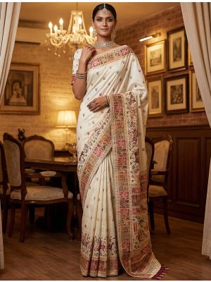 Ivory White Virana Silk Saree Adorned With Traditional Motifs
