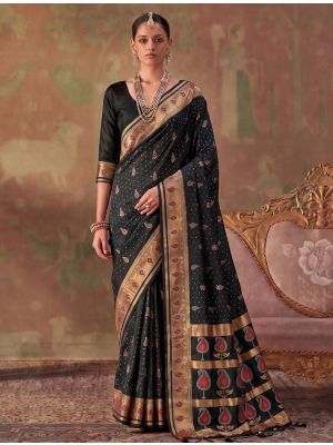 Jet Black Banarasi Soft Art Silk Saree With Jacquard Weaving
