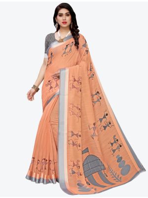 Peach Linen Designer Saree small FABSA20891
