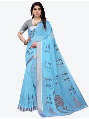 Sky Blue Linen Designer Saree small FABSA20890