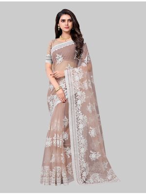 Light Brown Net Designer Saree small FABSA20221