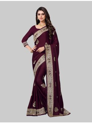 Wine Georgette Satin Designer Saree small FABSA20232