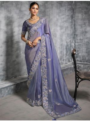 Lavender Blue Tissue Silk Embroidered Designer Saree