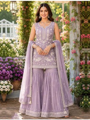 Lavender Chiffon Free Size Ready To Wear Sharara Suit small FABSL22540