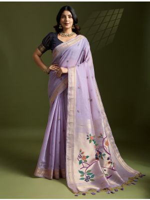 Lavender Muga Cotton Saree With Paithani Weaving