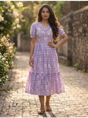 lavender muslin fit and flare midi dress fabku21236