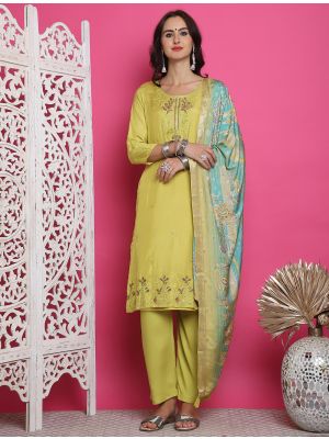 Lemon Yellow Muslin Salwar Kameez With Resham Embroidery small FABSL21901