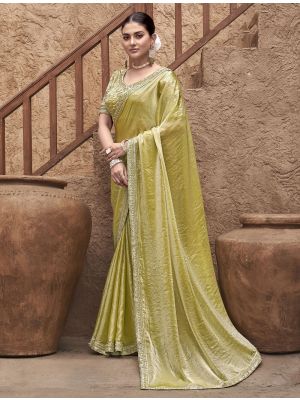 Lemon Yellow Satin Silk Premium Saree With Stitched Blouse