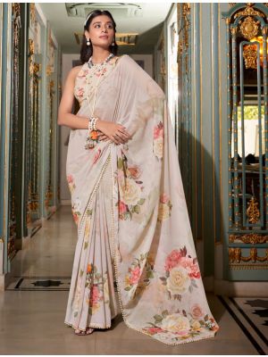Light Beige Georgette Saree With Pearl Lace Border