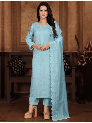 Light Blue Chanderi Cotton Readymade Salwar Kameez FABSL21970