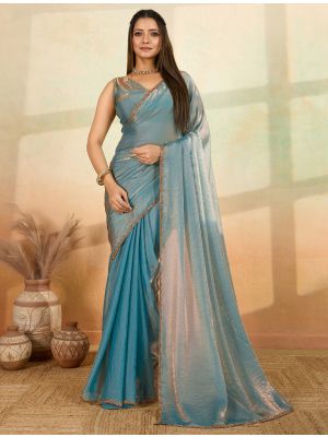 Light Blue Frendy Satin Saree With Bead Embroidery