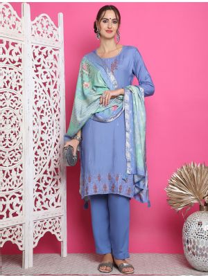 Light Blue Muslin Salwar Kameez With Resham Embroidery small FABSL21902