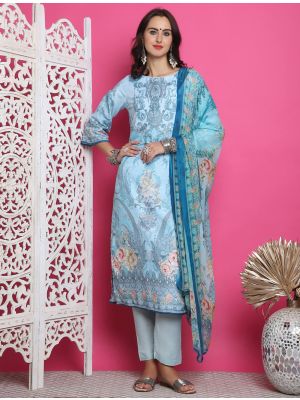 Light Blue Satin Salwar Kameez With Traditional Digital small FABSL21909