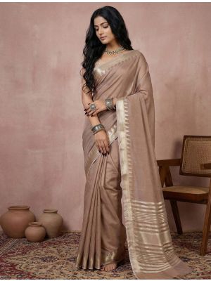 Light Brown Cotton Solid Saree With Golden Border