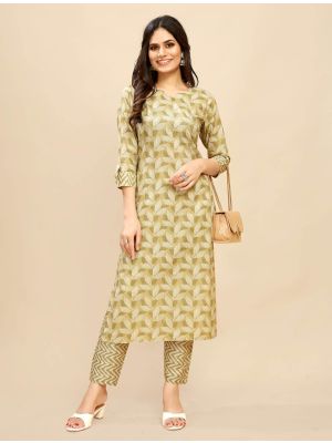 light brown printed cotton kurti with matching pant fabku21010