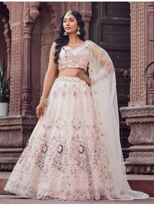 Light Cream Net Sequined Lehenga Choli With Thread Work FABLE20546