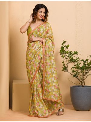 Light Green Chinon Digital Printed Party Wear Saree