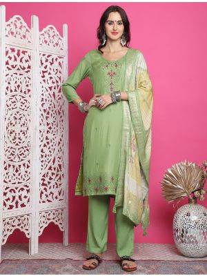 Light Green Muslin Salwar Kameez With Resham Embroidery small FABSL21903