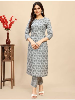 light grey printed cotton kurti with matching pant fabku21008