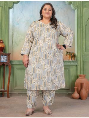 light grey rayon slub plus size kurta pant set fabku21245