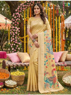 Light Mustard Linen Cotton Traditional Pattern Saree