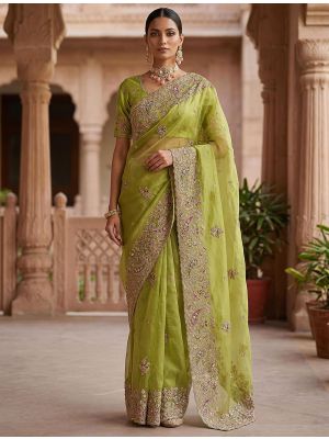 Light Olive Green Premium Silk Saree With Designer Work