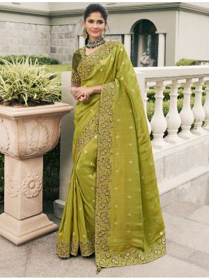 Light Olive Green Viscose Tissue Premium Designer Saree