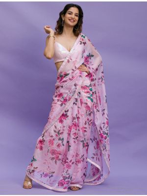 Light Pink Chinon Digital Printed Party Wear Saree
