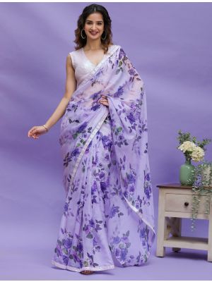 Light Purple Chinon Digital Printed Party Wear Saree