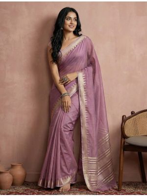 Light Purple Cotton Solid Saree With Golden Border
