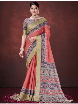 Light Red Habotai Silk Traditional Pattern Saree