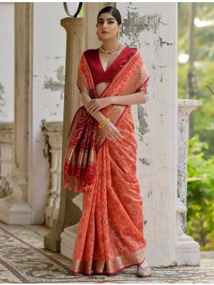 Light Red Raw Silk Blend Saree With Ikat Weaving